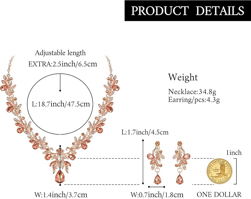 BriLove Women's Wedding Jewelery Set Leaf Flower Crystal Teardrop Marquise Cluster Pendant Necklace Dangle Earrings for Bridal Party
