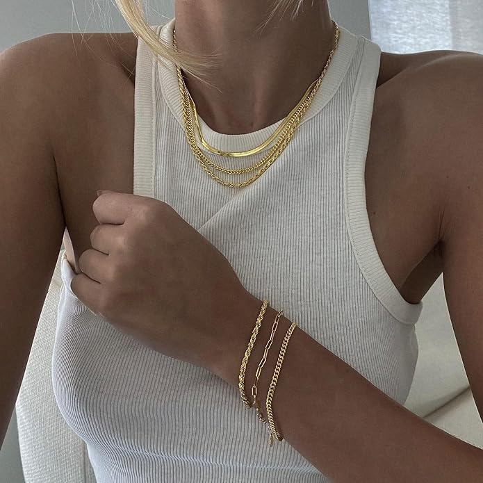 Gold Layered Necklaces for Women, 14K Gold Plated Dainty Gold Chain Choker Necklace Stack, Herringbone Gold Necklaces Set