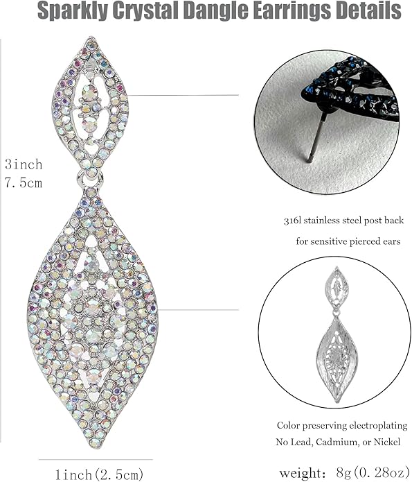 Elegant Rhinestone Dangle Earrings Crystal Wedding Bridal Long Dangling Drop Earrings Chandlier Earrings for Women Bridesmaid