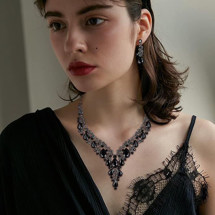 BriLove Women's Wedding Bridal Austrian Crystal Teardrop Flower Cluster Statement Necklace Dangle Earrings Jewelry Set for Party Prom