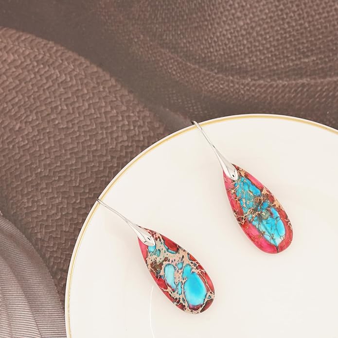 Natural Healing Stone Fishhoop Dangle Drop Earrings Statement Gold silver earrings