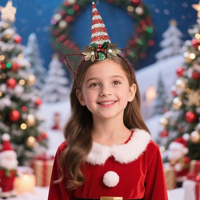 Glittering Christmas Unicorn Headband with Red White Sequined Horn, Hollow-Out Ears, Green Leaves, Red Bells & Gold Flowers - Christmas Cosplay Hairband Festive Party Hair Accessories for Women