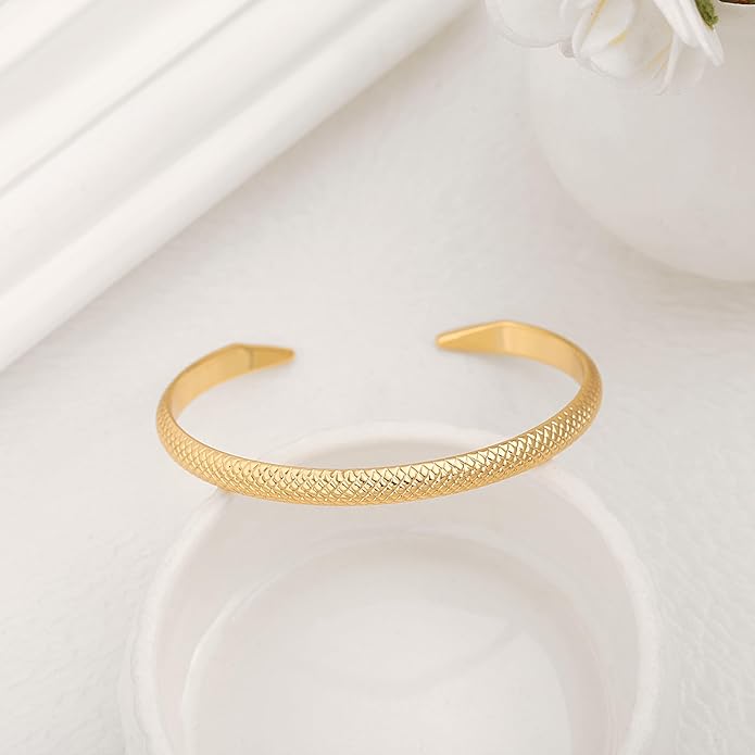 PERNNLA PEARL Dainty Gold Bar Bracelet for Women Simple Delicate Thin Cuff Bangle Hook Bracelet 18K Gold Plated Handmade Minimalist Jewelry
