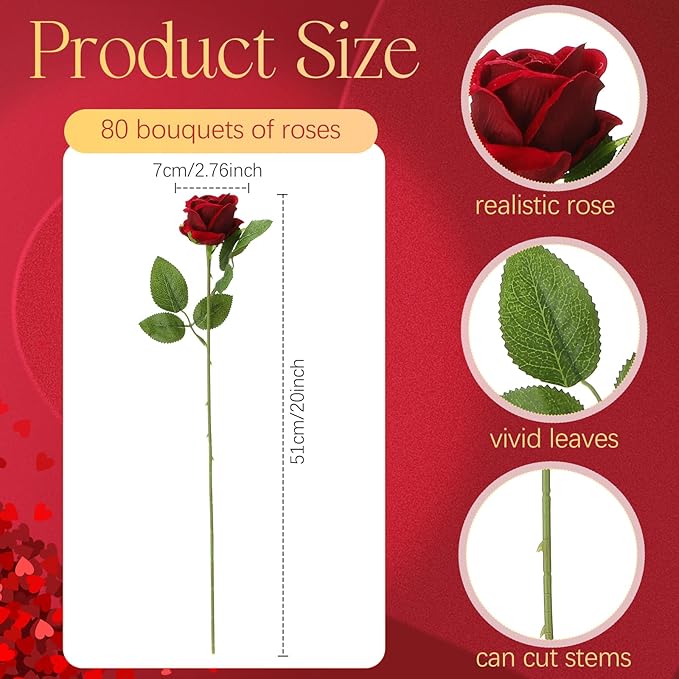 Hotop 80 Pcs Rose Artificial Flowers Bulk with Long Stem, Silk Roses Realistic Fake Flowers Bouquet for Wedding Table Centerpieces Bridal Shower Party Home Decorations(Burgundy)