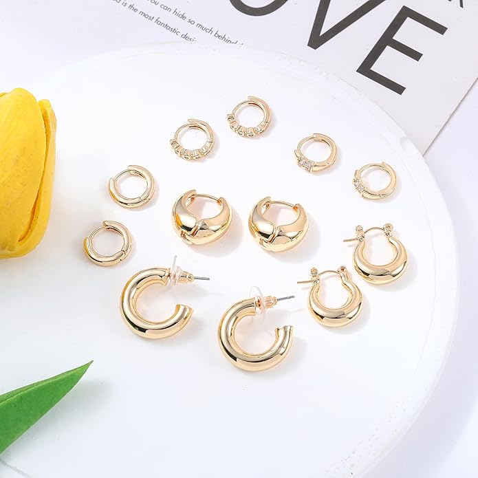 6 Pairs Gold Hoop Earrings Set for Women, 14K Gold Plated Small Huggie Hoops Earrings Hypoallergenic, Lightweight Tiny Cartilage Piercings Earrings Jewelry for Women Gifts.