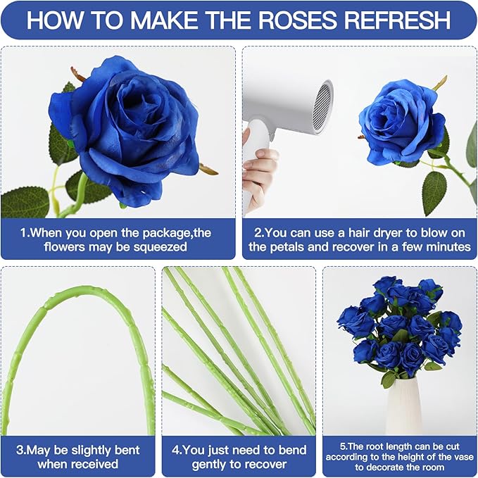 Tifuly 50 Pcs Blue Roses Artificial Flowers Bulk,Realistic Long Stem Fake Silk Roses for Wedding Centerpiece Table Vases Party Home Kitchen DIY Bouquets Decor
