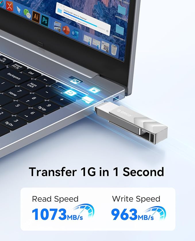ORICO 512GB Portable Solid State Drive, 1050MB/s Dual-Port Rotating Metal External SSD with 90° Click-Stop, Reliable Storage for iPhone 16, 15 Series, Type-C Smartphone, Mac, Audio, Vehicle - A101