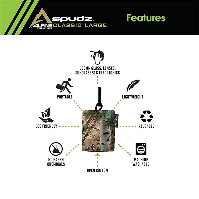 SPUDZ Classic Microfiber Lens Cleaner – Clip-On Pouch, Washable – for Binoculars, Scopes, Glasses, Screens | Alpine Mountain Camo, 10 x 10 Inch