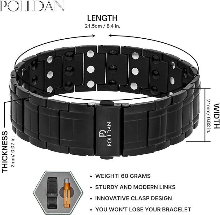 POLLDAN® 3X Power Magnetic Bracelets For Men | 6200 Gauss Strength Mens Titanium Bracelet with Fold-Over Clasp, Adjustable Length, Gift Box, Sizing Tool | Innovative Magnets Alloy - Patent