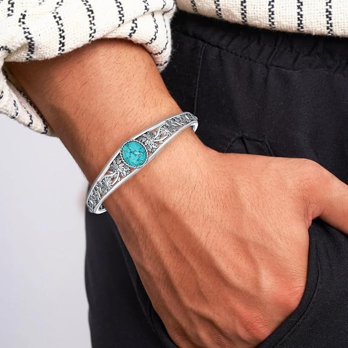 Genuine Turquoise Cuff Bracelet for Women, Sterling Silver Western Vintage Floral Bangle Native American Jewelry, For 6.5-7.5 Inch Wrists