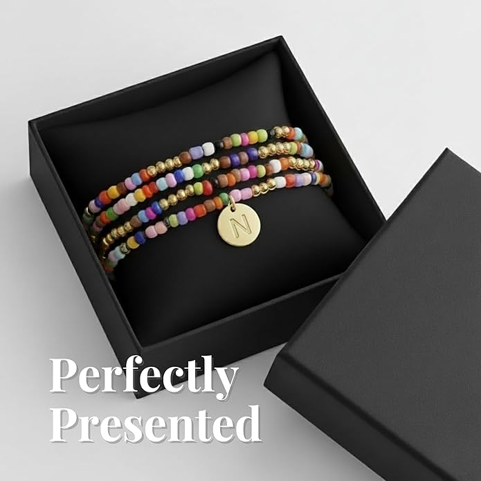 Set of 4 Colorful Bead Initial Bracelets, Personalized Stackable Jewelry, Adjustable Stretchy Charm Bracelets for Women, Beaded Bracelet Set, Trendy Custom Jewelry Gift