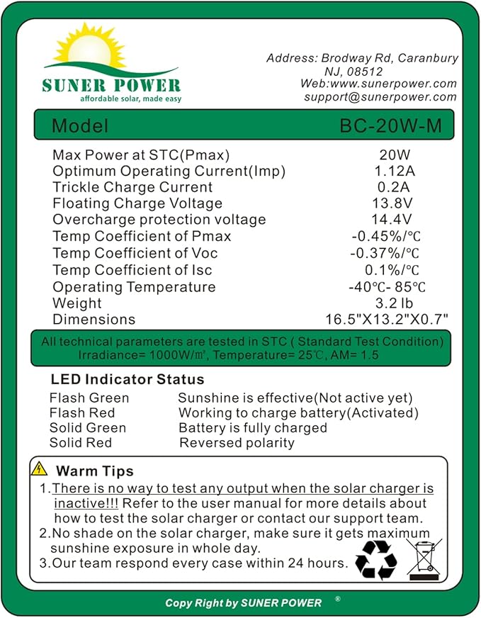SUNER POWER 20W 12V Solar Battery Charger Maintainer, Built-in Smart MPPT Charge Controller, Adjustable Mount Bracket, Waterproof 20 Watt Solar Panel Kits for Car Automotive Boat Marine RV Trailer