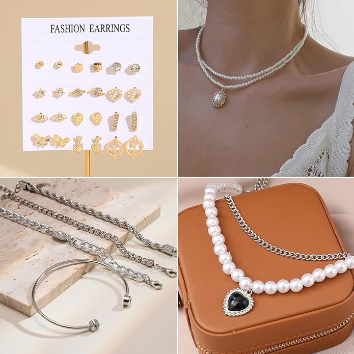 73 Pcs Gold Jewelry Set with 6Pcs Layered Necklace, 11 Pcs anklet and 7Pcs Earring Ear Cuff,12Hoop Earrings ,15pcs Rings,21pcs stud earrings Jewerly set for Women Pack for Friendship Party Gift