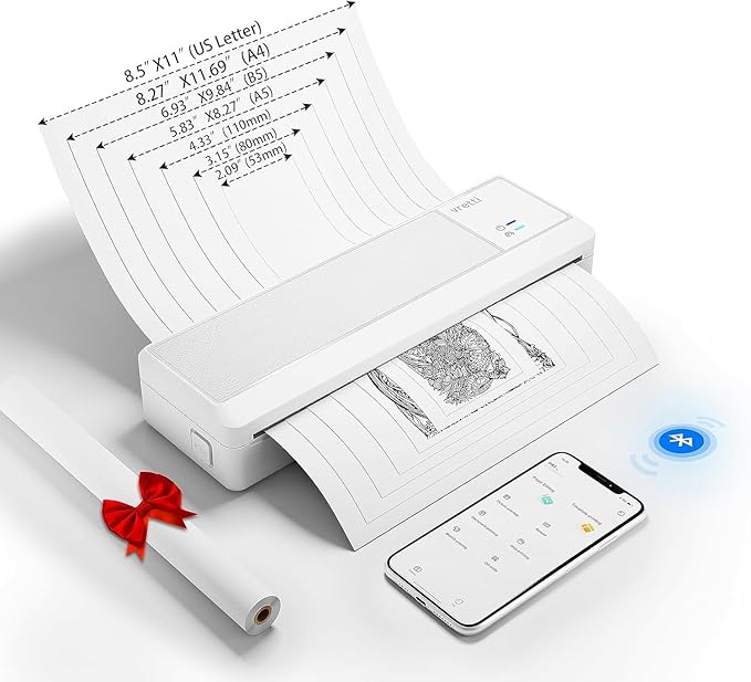 vretti P83 Portable Printers Wireless for Travel, A4 Portable Thermal Printer, Mobile Inkless Printer Compatible with Phone & Laptop, Supports 8.5 x 11 US Letter for Car School Office Home Use, White