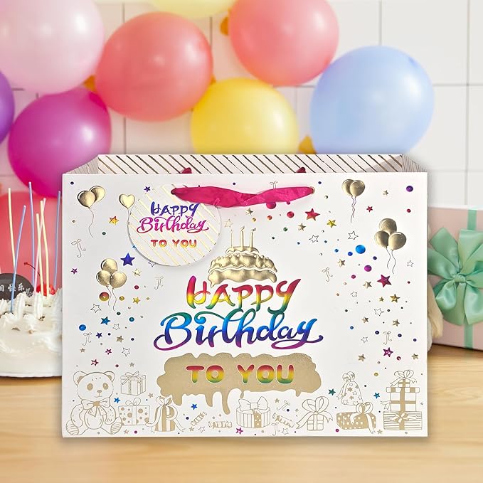 suosicn Birthday Gift Bag with Handle and Tissue Paper, Birthday Gift Bags Assorted Sizes 2 Small 8.3" 1 Medium 10.3" 1 Large 12.8" (4 Golden Birthday Cake Gift Bag)