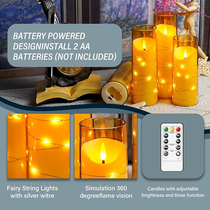 Flameless Candles with Embedded Star String, Battery Operated LED Pillar Candles with Timer and Remote Control,Home Decorating for Ambiance， Set of 9 (Gold)
