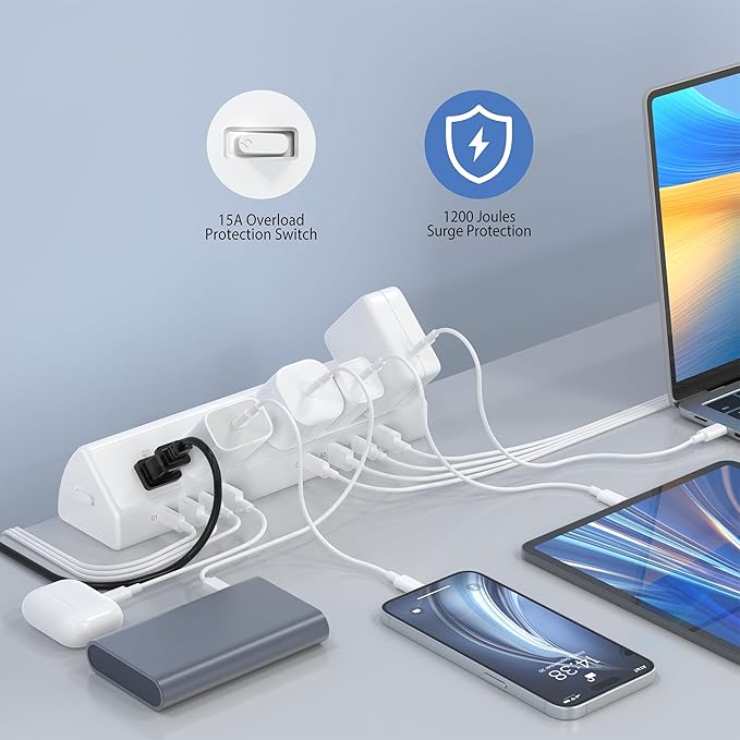 Desk Clamp Power Strip 65W Fast Charging Station,4 PD USB-C,5 Outlets,Nightstand Desk Edge Mount Tower Surge Protector,15 Amp Heavy Duty Power Strip,Fits 1.96" Tabletop Edge (White, 10 FT Cable)