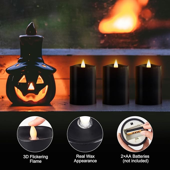 3x4 Flickering Flameless Candles Set of 3,Real Wax Pillar led Candles Flickering,with Timer,4 inch Flameless Candles with Remote,for Holiday Home Decor Party,Black