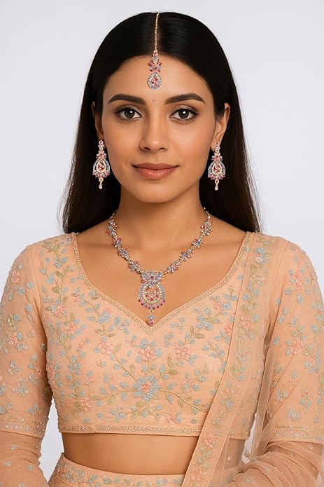 Touchstone Indian jewelry sets for women maang tikka wedding guest gold necklace bollywood jewellery set pageant elegant prom bride accessories western crystal chunky rhinestone necklaces