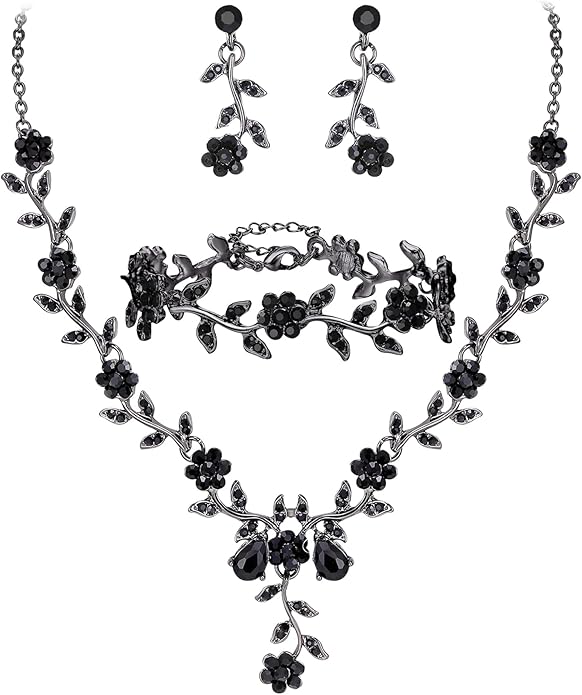 BriLove Women's Wedding Jewelry Leaf Cluster Flower Crystal Dangle Earrings Pendant Necklace Set for Bridal