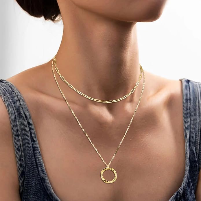 3Pcs Layered Necklace for Women Stackable Necklaces Silver Rosegold Gold Plated Chain Dainty Set Gifts Circle Pendant Paperclip Chain Choker Necklaces Trendy Personalized Jewelry Set Gifts for Women
