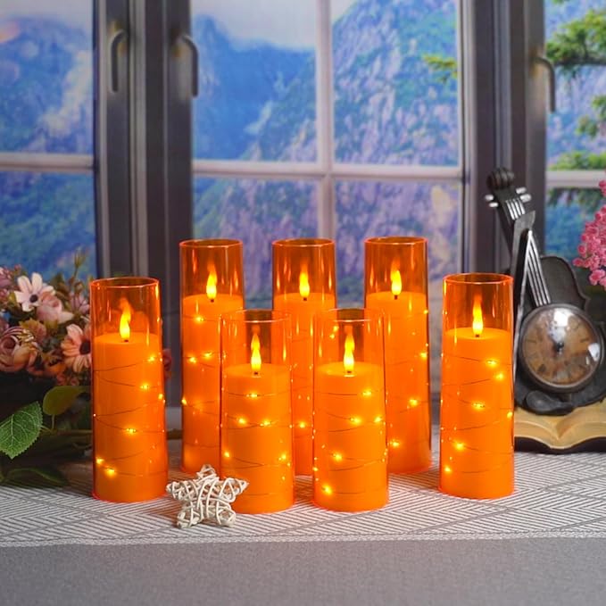 Flameless Candles with Embedded Star String, Battery Operated LED Pillar Candles with Timer and Remote Control,Home Decorating for Ambiance, Set of 7 (Orange)