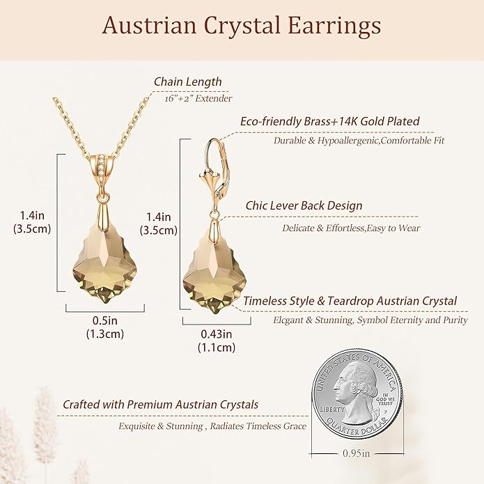 EVEVIC Austrian Crystals Baroque Pendant Necklace Earrings for Women 14K Gold Plated Hypoallergenic Leverback Drop Dangle Earrings Jewelry Set