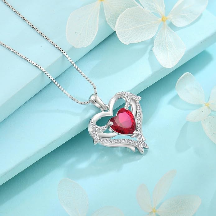 FJ Heart Angel Wings Pendant Necklace 925 Sterling Silver Birthstone Jewelry Gifts for Women