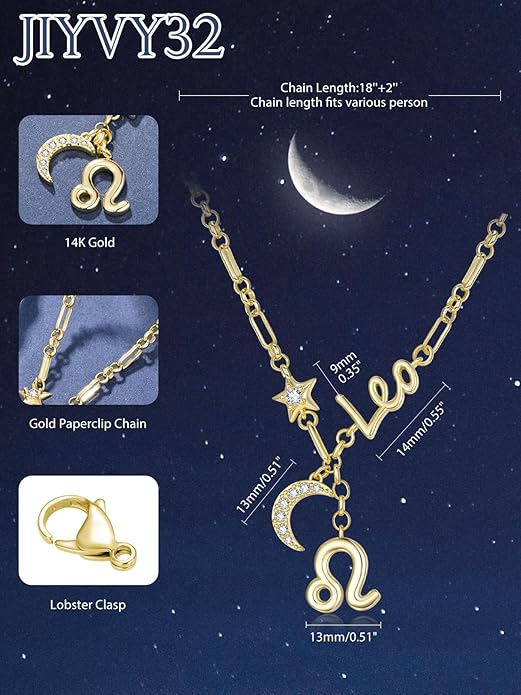 14K Gold/Rose Gold Zodiac Necklace for Women - Horoscope Constellation Pendant with Moon and Star, Luxury Birthday Gifts Jewelry for Her (12 Zodiac Signs)
