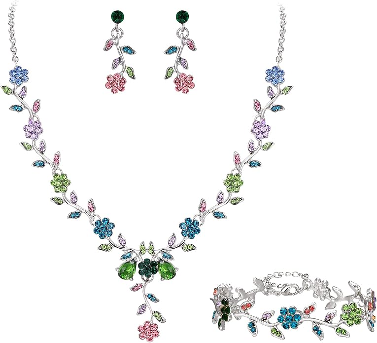 BriLove Women's Wedding Jewelry Leaf Cluster Flower Crystal Dangle Earrings Pendant Necklace Set for Bridal