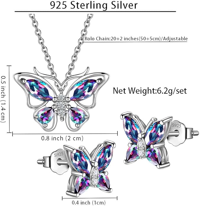 925 Sterling Silver Birthstone Butterfly Jewelry Women Crystal Animal Cute Butterflies Birthday Necklace/Earring/Ring/Bracelet Sets Birth Stone Statement Anniversary Jewellery