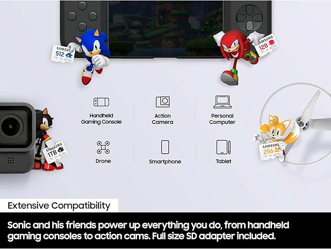 Samsung PRO Plus Sonic The Hedgehog + Adapter, 256GB microSDXC, Up-to 180MB/s, Full HD & 4K UHD, UHS-I, C10, U3, V30, A2, for Nintendo-Switch, Steam Deck, GoPRO, DJI Drone, Tablets (MB-MD256SA/LC1)