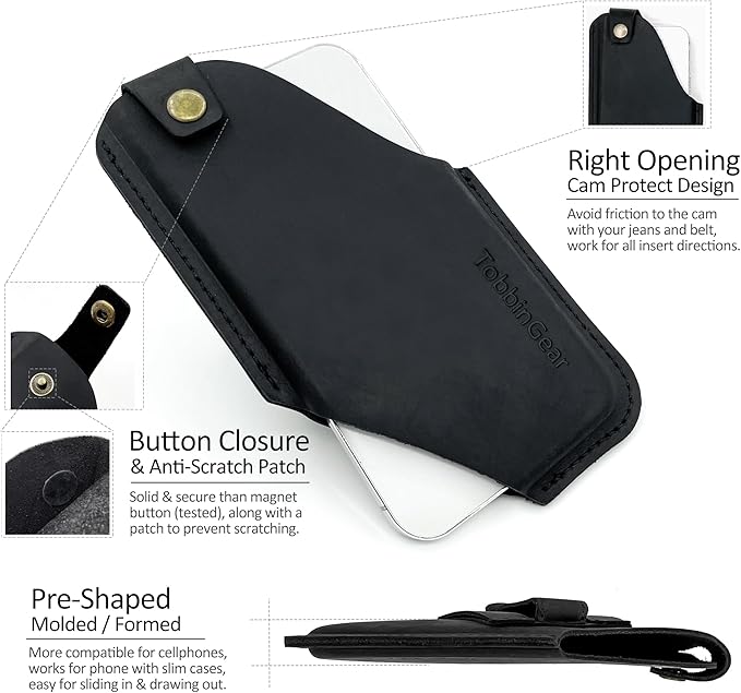 TobbinGear Left-Handed Leather Cell Phone Holster with Belt Clip, Universal Phone Holster for Men Belt Holder, Leather Case for iPhone, Samsung Galaxy Phones, Black, Medium