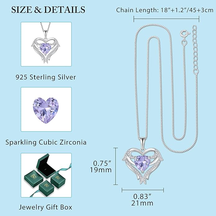 FJ Heart Angel Wings Pendant Necklace 925 Sterling Silver Birthstone Jewelry Gifts for Women