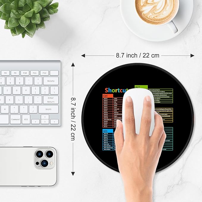 ITNRSIIET Mouse Pad Non-Slip Rubber Base Smooth Surface Stitched Edges Waterproof Durable Compatible with All Mice for Office & Gaming, Desk Accessory, Diameter 8.7 inch, WinShortcuts