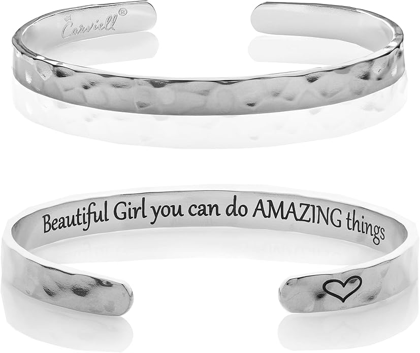 Carviell Engraved Cuff Bracelets for Women – Inspirational, Friendship, Love, Mom, Daughter, Sister, Christian, Graduation, Memorial & Wedding Gifts – 80+ Phrases – Stainless Steel, Gift-Ready