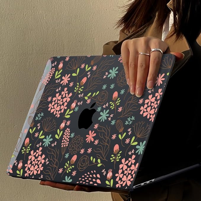 for MacBook Air 13 inch Case 2021 2020 2019 2018 Release M1 A2337 A2179 A1932, Pritned Pattern Plastic Hard Case Cover for MacBook Air 13.3" Retina Display Touch ID, Seamless Flower Black