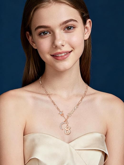 14K Gold/Rose Gold Zodiac Necklace for Women - Horoscope Constellation Pendant with Moon and Star, Luxury Birthday Gifts Jewelry for Her (12 Zodiac Signs)