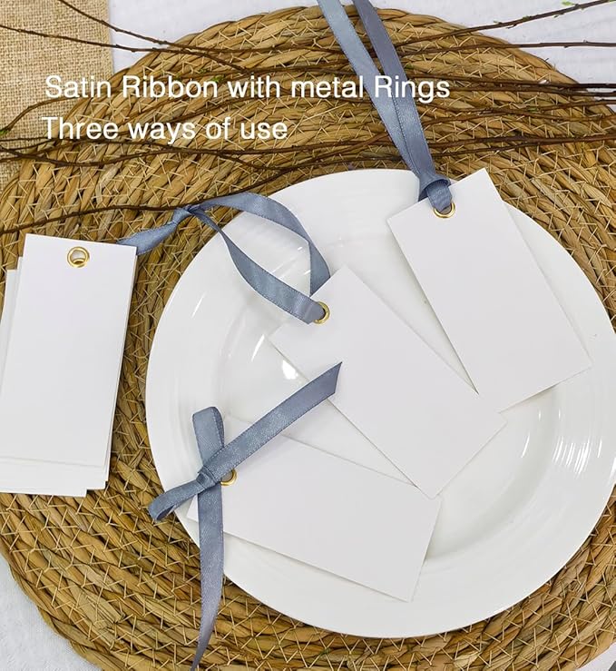 25 Pcs Name Place Cards Blank Seat Card, 2 x 4 in Table Cards with Stain Ribbon, Wedding Place Card, Hanging Tags for Wedding table Setting Reserved Chairs Signs Dinner Banquet Parties.(Gray)