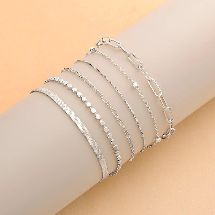 DEARMAY Dainty Silver Plated Bracelets for Women Trendy, Silver Jewelry Set for Women Bracelets for Women Paperclip Box Herringbone Figaro Rope Chain Bracelet Fashion Pack Gifts for Women