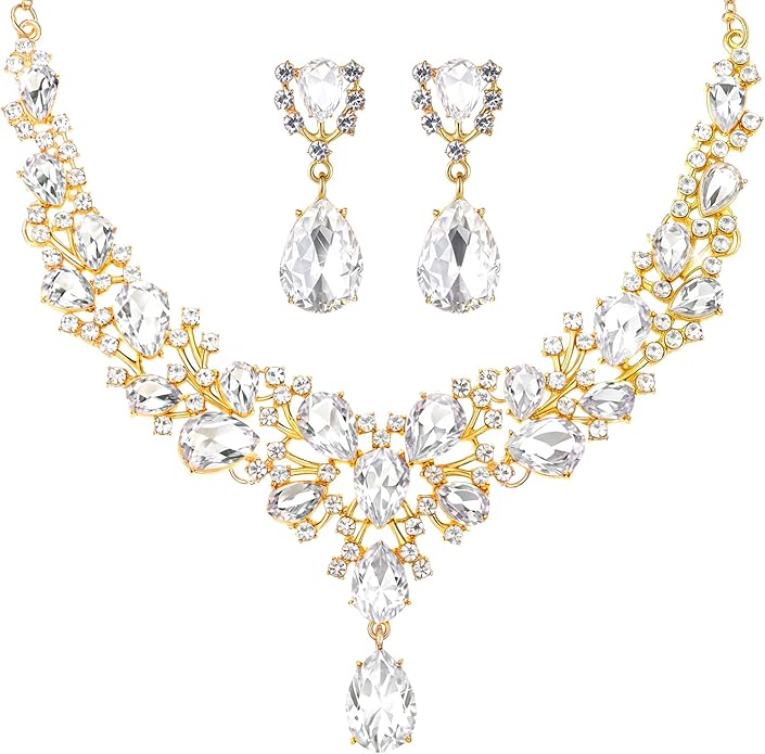 Hicarer Bridal Teardrop Cluster Crystal Jewelry Set for Women Necklace Earrings Wedding
