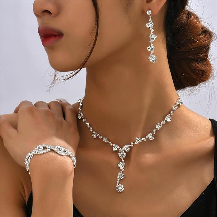 PINK TOWN Vintage Rhinestone Bridal Jewelry Sets,Crystal Wedding Prom Earrings Necklace Bracelet Set Fashion Zircon Bride Jewelry Dress Accessories for Women
