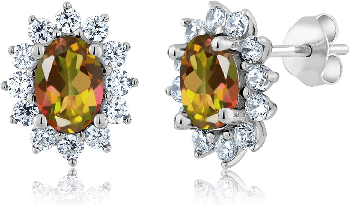 Gem Stone King 7X5MM Oval Gemstone Birthstone Stud Earrings For Women | Princess Diana Royal Halo Style | 925 Sterling Silver | Fine Jewelry Gifts for Anniversary Wedding Her Mom Women Wife