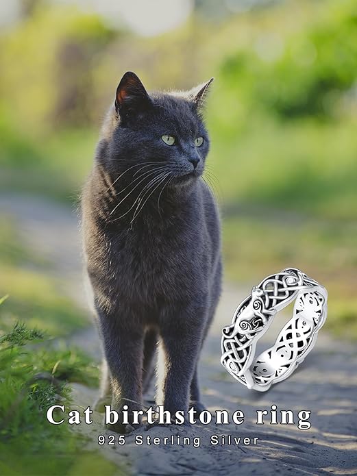 Seiyang Celtic Cat Ring 925 Sterling Silver Irish Trinity Knot Celtic Cat Wedding Promise Ring with 12 Months Birthstone Irish Lucky Jewelry Gifts for Women Mom Her