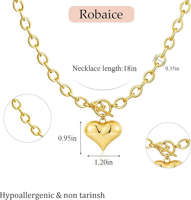 Chunky Gold Heart Necklace for Women，14K Gold Plated Puffy Heart Pendant Bold Chain Necklace with Toggle Clasp，Waterproof Non Tarnish Hypoallergenic Chunky Statement Jewelry Gift for Women