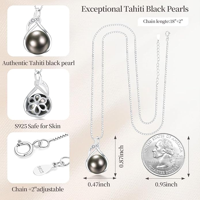 Genuine Tahitian Black Pearl Necklace - GIA Certified 9-11mm Cultured Pearl, 925 Sterling Silver 18K Gold Plated, Adjustable 18"-20"- Gifts for Women Wife Anniversary Birthday Christmas