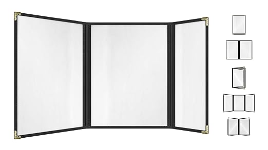 Goodsmart Restaurant Menu Covers – 25 Pack Black Trifold 6-View, Side-Loading Menu Holders, Vinyl & Plastic Café Menu Covers, Clear Menu Sleeves, Fits 8.5" x 11" & 4.25" x 11", Gold Corners