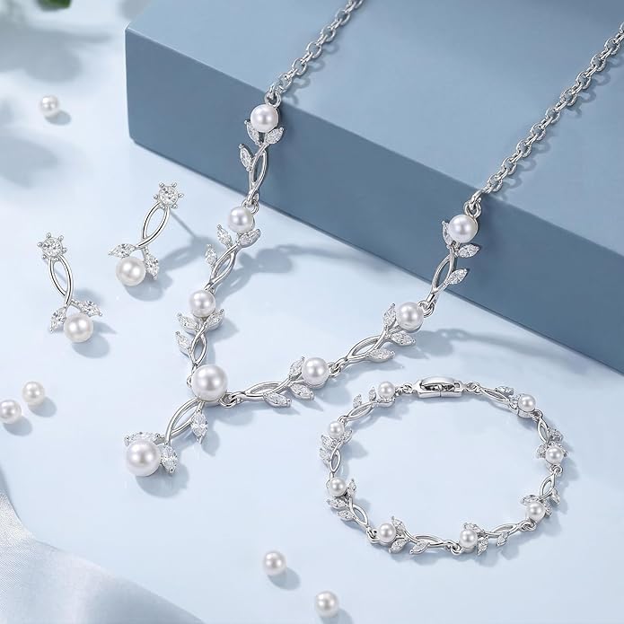 Hadskiss Wedding Jewelry Sets for Women/Brides/Bridesmaids, Cubic Zirconia Pearl Necklace Earrings Bracelet Set 18K Gold Plated Hypoallergenic Jewelry for Wedding Prom Party