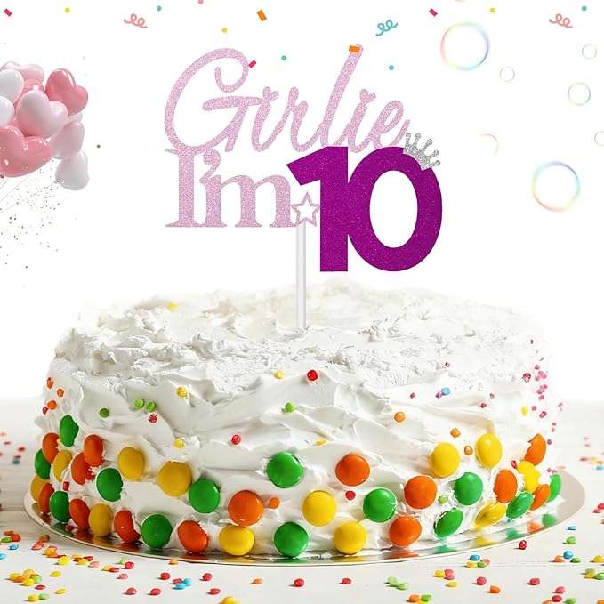Girlie I'm 10 Cake Topper, 10th Birthday Decorations for Girl, Glitter Funny 10th Birthday Cake Topper, Girlie 10 Year Old Birthday Party Decoration Supplies