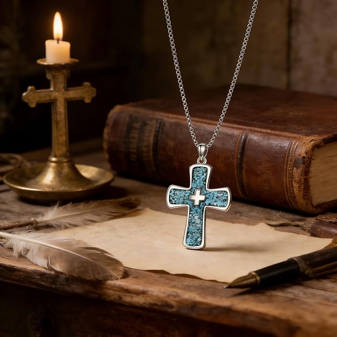 RMREWY Genuine Turquoise Cross Necklace, Sterling Silver Native American Boho Western Vintage Pendant Religion Jewelry Birthdays Gift for Women